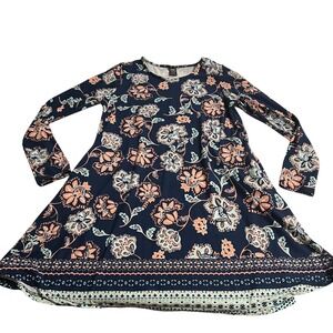 Lildy Navy, Pale Orange Fit & Flare Long Sleeve Floral Dress Pockets Women's S-M